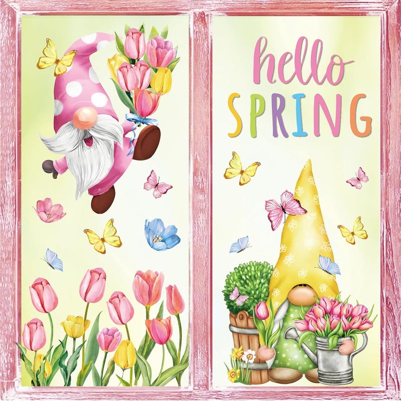 Whaline 6 Sheet Hello Spring Window Clings Pink Tulip Floral Gnome Butterfly Reusable Window Decals for Home School Office Party Supplies - Image 1